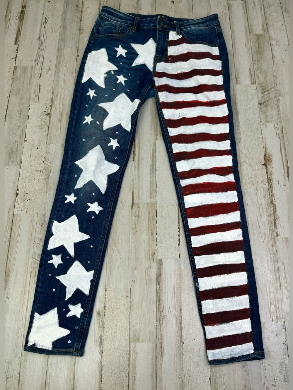 VIGOSS Skinny Leg Jeans Women’s 28x29 Blue Wash Stretch Denim USA Flag Print